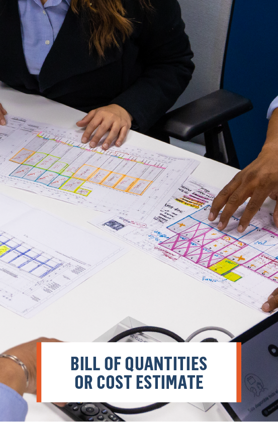 Document with detailed list of construction activities, quantities, and costs highlighted, aiding client understanding of project scope and budget
