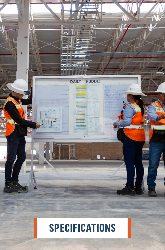 Document detailing construction products, materials, and equipment with brands and codes, alongside construction plans for project execution