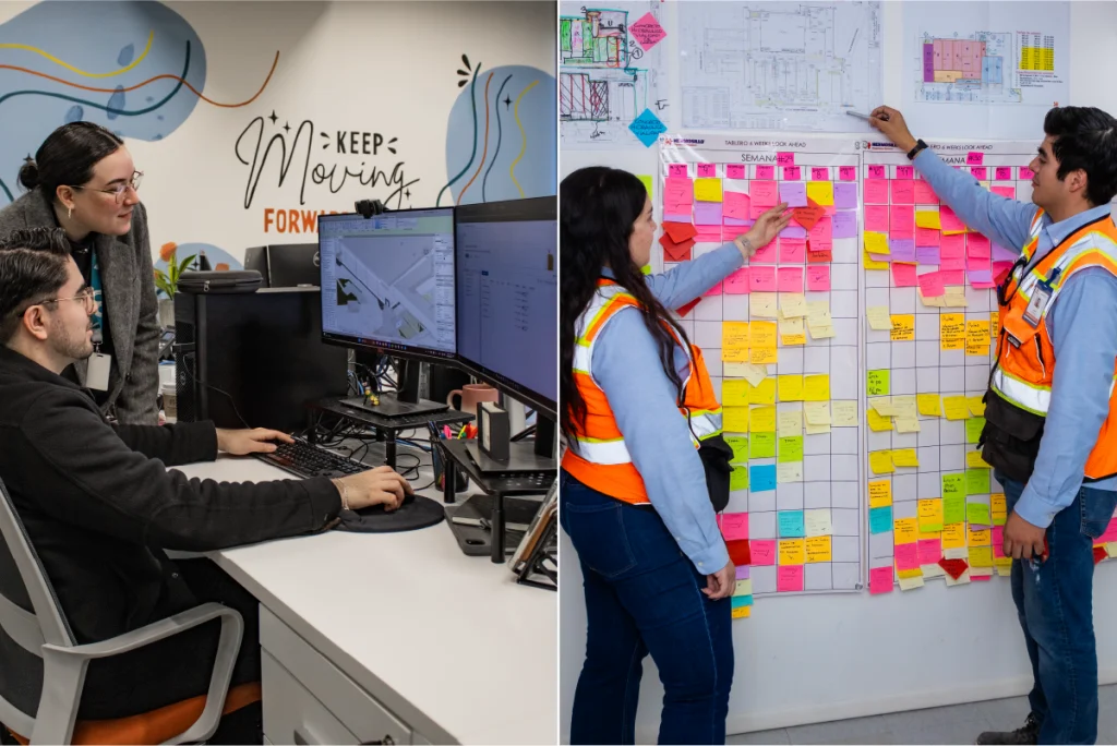 Dos imágenes lado a lado: A la izquierda, un equipo profesional colabora con software BIM para la planificación de construcción en 3D; a la derecha, planificadores de construcción discuten un cronograma, utilizando una colorida variedad de notas adhesivas para la gestión de tareas en las fases de preconstrucción